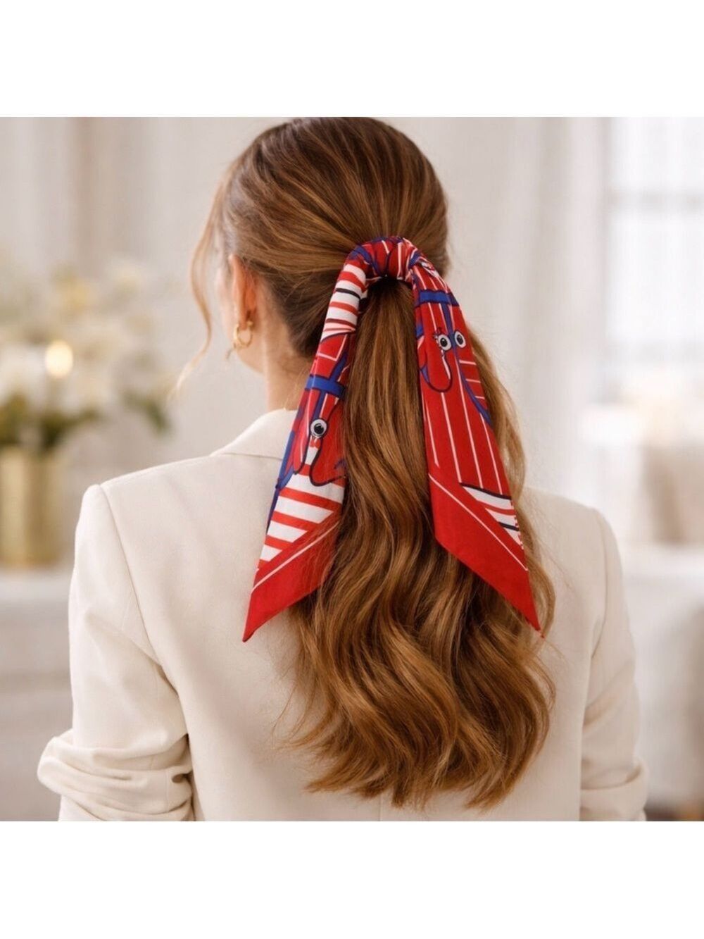 RED BLUE WHITE EQUESTRIAN HORSE SKINNY SCARF HANDBAG HANDLE WRAP HAIR NECK TIE - Picture 3 of 7